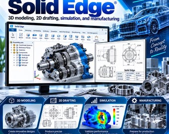 Puede incluir: Una interfaz de software Siemens Solid Edge que muestra herramientas de modelado 3D, dibujo 2D, simulación y fabricación. La pantalla presenta un ensamblaje de engranajes mecánicos, dibujos técnicos y un gráfico de coche en malla azul.