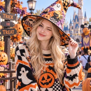 Halloween Quilted Witch Hat, Ghost Black Cat Pumpkin Witch Hat, Purple Orange Patchwork Hat, Cute Spooky Halloween Costume Hat