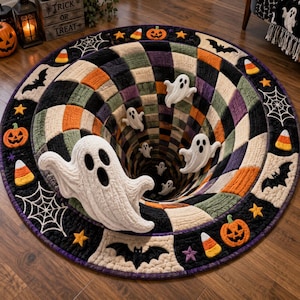 Ghost Vortex Quilted Round Rug, 3D Halloween Tunnel Rug, Flying Ghost Pumpkin Bat Patchwork Floor Decor, Spooky Halloween Rug