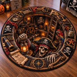 Pirate Skeleton Treasure Quilted Round Rug, 3D Pirate Dungeon Rug, Skull Treasure Chest Nautical Halloween Floor Decor
