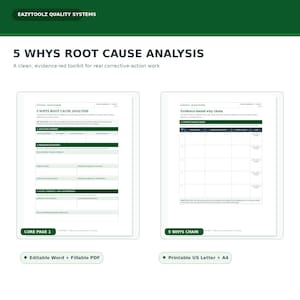 May include: A 5 Whys Root Cause Analysis toolkit featuring two white document pages with dark green headers. Core Page 1 includes sections for problem definition and evidence, while the 5 Whys Chain page provides a structured table for causal analysis.