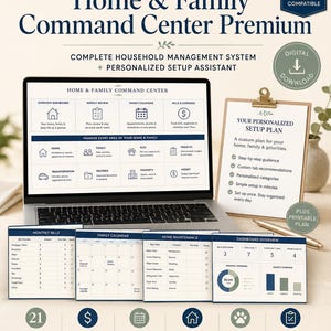 Könnte beinhalten: Ein digitales Haushaltsmanagementsystem Home & Family Command Center Premium auf einem Laptop-Bildschirm, mit einem personalisierten Einrichtungsplan auf einem Klemmbrett, druckbaren Planungsblättern und Symbolen für Finanzen und Termine.