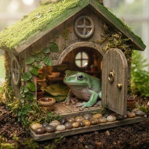 Puede incluir: Una casa de madera en miniatura con techo y paredes cubiertos de musgo, con una pequeña puerta abierta y ventanas circulares. Una rana verde se sienta dentro sobre un suelo de madera. Una pequeña regadera blanca se encuentra cerca en la tierra.