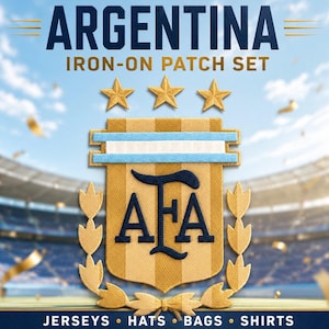 May include: An Argentina iron-on patch set featuring a gold shield with the AFA logo in dark blue, topped with three gold stars and a light blue and white horizontal bar. The text reads ARGENTINA IRON-ON PATCH SET and JERSEYS HATS BAGS SHIRTS.