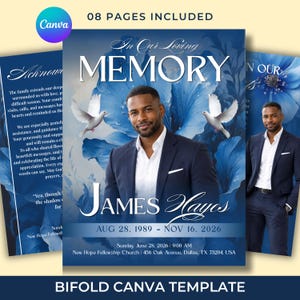 Puede incluir: Una plantilla de programa funerario con fondo floral azul y dos palomas blancas. El texto dice In Our Loving Memory, James Hayes, Aug 28, 1989 - Nov 16, 2026, e incluye detalles del servicio en New Hope Fellowship Church en Dallas, Texas, EE. UU.