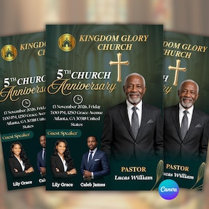 May include: A church anniversary flyer featuring a dark green background with gold text. It displays the text Kingdom Glory Church 5th Church Anniversary, a gold cross, and photos of Pastor Lucas William, Lily Grace, and Caleb James with event details.