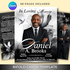 Könnte beinhalten: Eine faltbare Vorlage für ein Trauerprogramm mit dem Porträt eines Mannes im schwarzen Anzug und Krawatte, verziert mit weißen Blumen und einer Taube. Der Text enthält In Loving Memory, Daniel A. Brooks, Sunrise Aug 28 1989, Sunset Nov 16 2026.