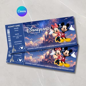 May include: A rectangular Disneyland surprise ticket featuring Mickey and Minnie Mouse, a castle silhouette, and fireworks. Text includes ADMIT ONE, NAME EMMA, DATE 17TH-18TH MAY 2026, LOCATION CALIFORNIA, SURPRISE, and HAPPY BIRTHDAY! SURPRISE! WE'RE GOING TO DISNEYLAND!