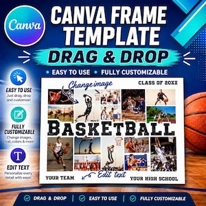 Mall för basket-canva-ram, redigerbar canva-mall, canva-ram för basket, fotokollage för sport, bildkollage för basket
