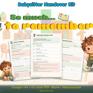 Hojas informativas para niñeras: Kit de entrega de 6 páginas, PDF imprimible y rellenable, tamaños A4 y Carta estadounidense.