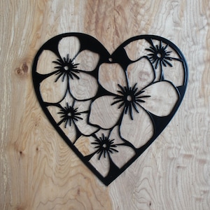 Flower Embellished Metal Heart Wall Art: Powder Coated Steel, Handmade in USA