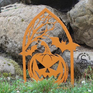 Halloween Arch Yard Stake, Pumpkin, Bats, Tree, Halloween Decorations, Yard Art, Scary, Spooky, Rustic, Powder Coat, Yard Stakes, Steel