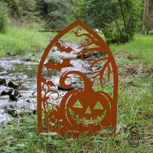 Halloween Arch Yard Stake, Smiling Pumpkin, Spooky, Bats, Pumpkin, Halloween Decoration, Yard Art, Spooky, Powder Coat, Metal, Yard Stakes