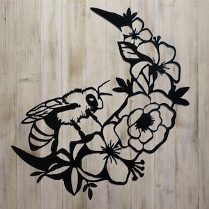 Handcrafted Metal Bee & Flower Wall Hanging: Powder Coated Garden Decor