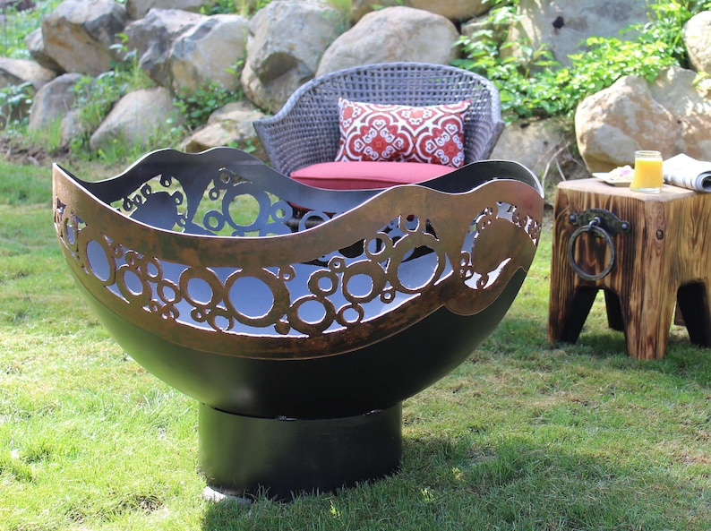 deck or patio Unique perfect addition to your outdoor living space handcrafted Modern Circles Fire Pit backyard plasma cut steel