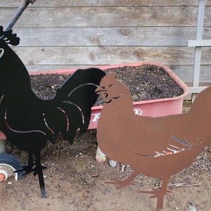 Metal Rooster and Hen Garden Stakes: Farmhouse Yard Art Set