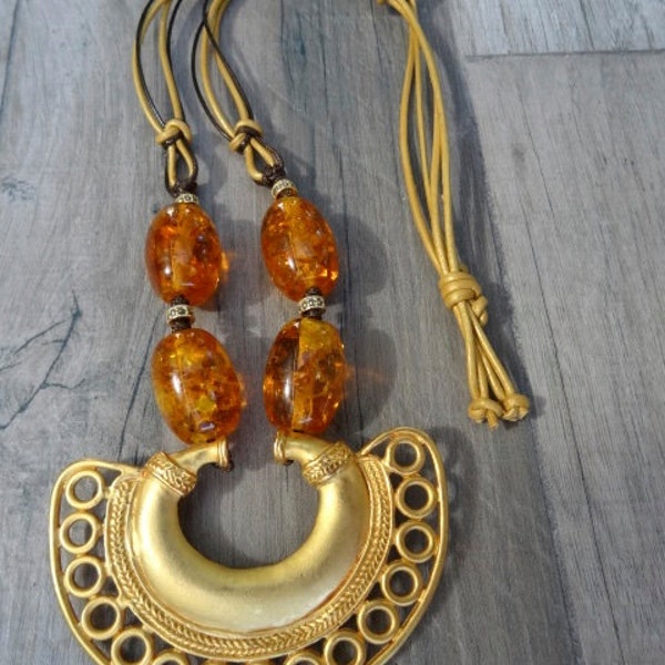 Pre- Colombian Inspired Necklace. Gold Plated Brass. Baltic Amber and Leather.