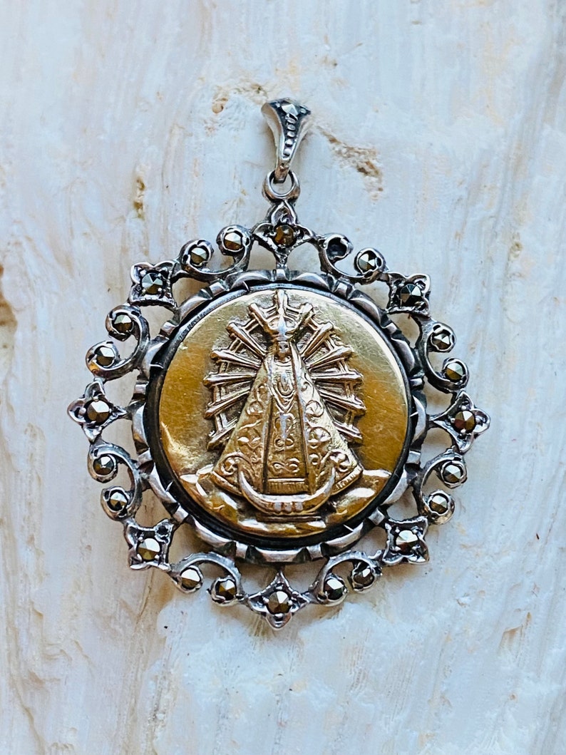 Our Lady of Lujan Mid Century Pendant 18k Gold and 900 Silver.