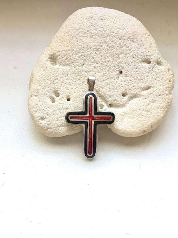 Vintage Red and Back Enamel Cross. Sterling Silver