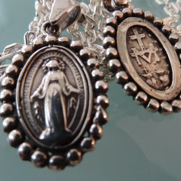 Miraculous Mary medal. Catholic scapular. Sterling silver.