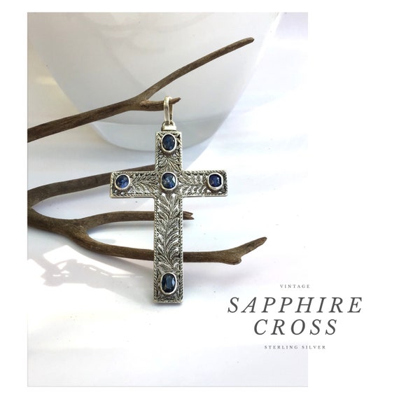 Fine Sapphires and Sterling Silver Cross. Vintage… - image 1