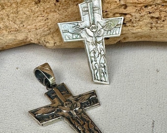 Eucharist Cross in Solid Silver. Large Size. Oxidized or White Silver.