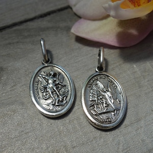 St. Michael Archangel and Guardian Angel Scapular Charm. Solid sterling silver. Double sided.