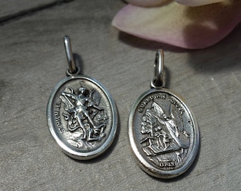 St. Michael Archangel and Guardian Angel Scapular Charm. Solid sterling silver. Double sided.