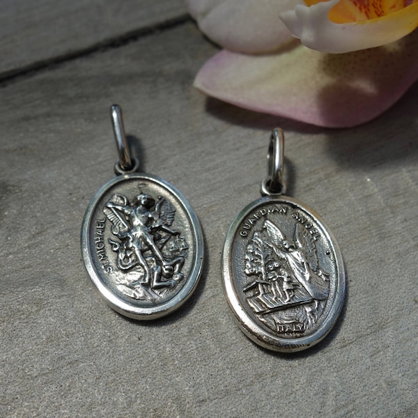 St. Michael Archangel and Guardian Angel Scapular Charm. Solid sterling silver. Double sided.