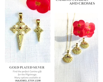 Camino Icons. Saint James Cross and Scallop Charm. Gold Plated Silver.