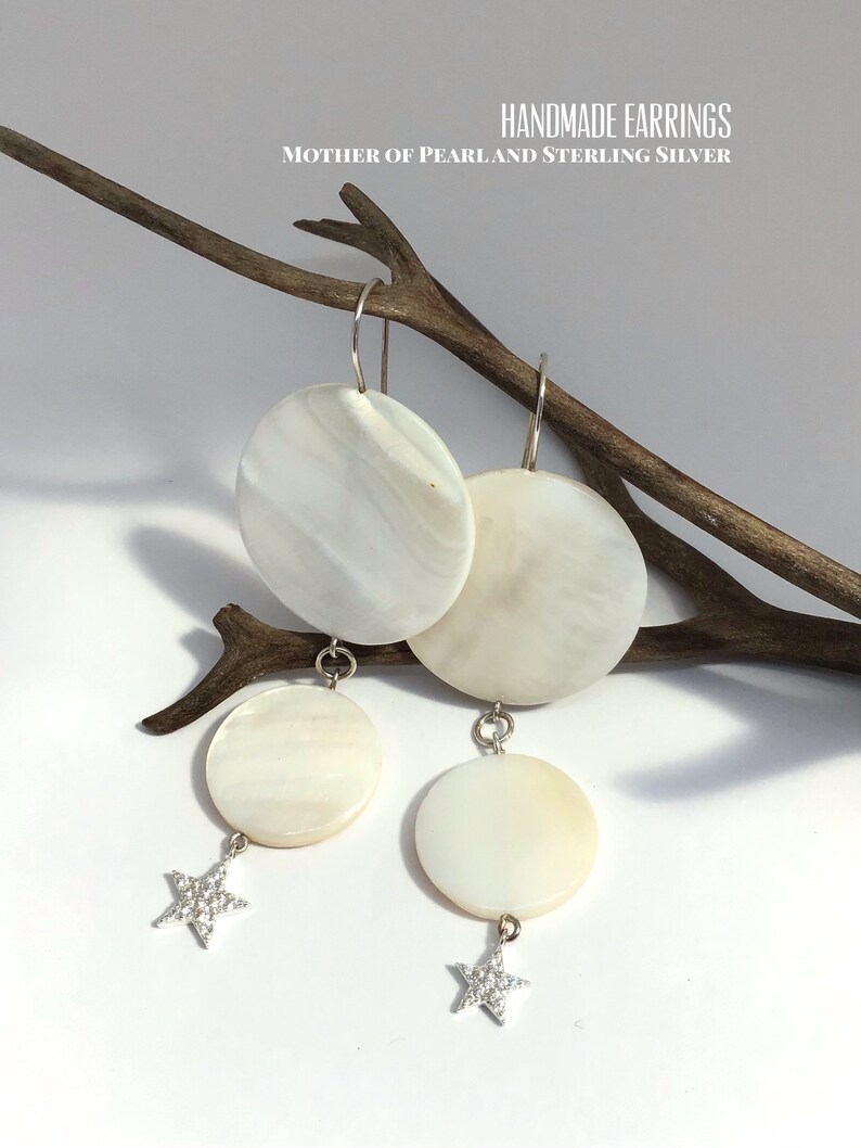 Long Drop Earrings Mother of Pearl and Sterling Silver Handmade