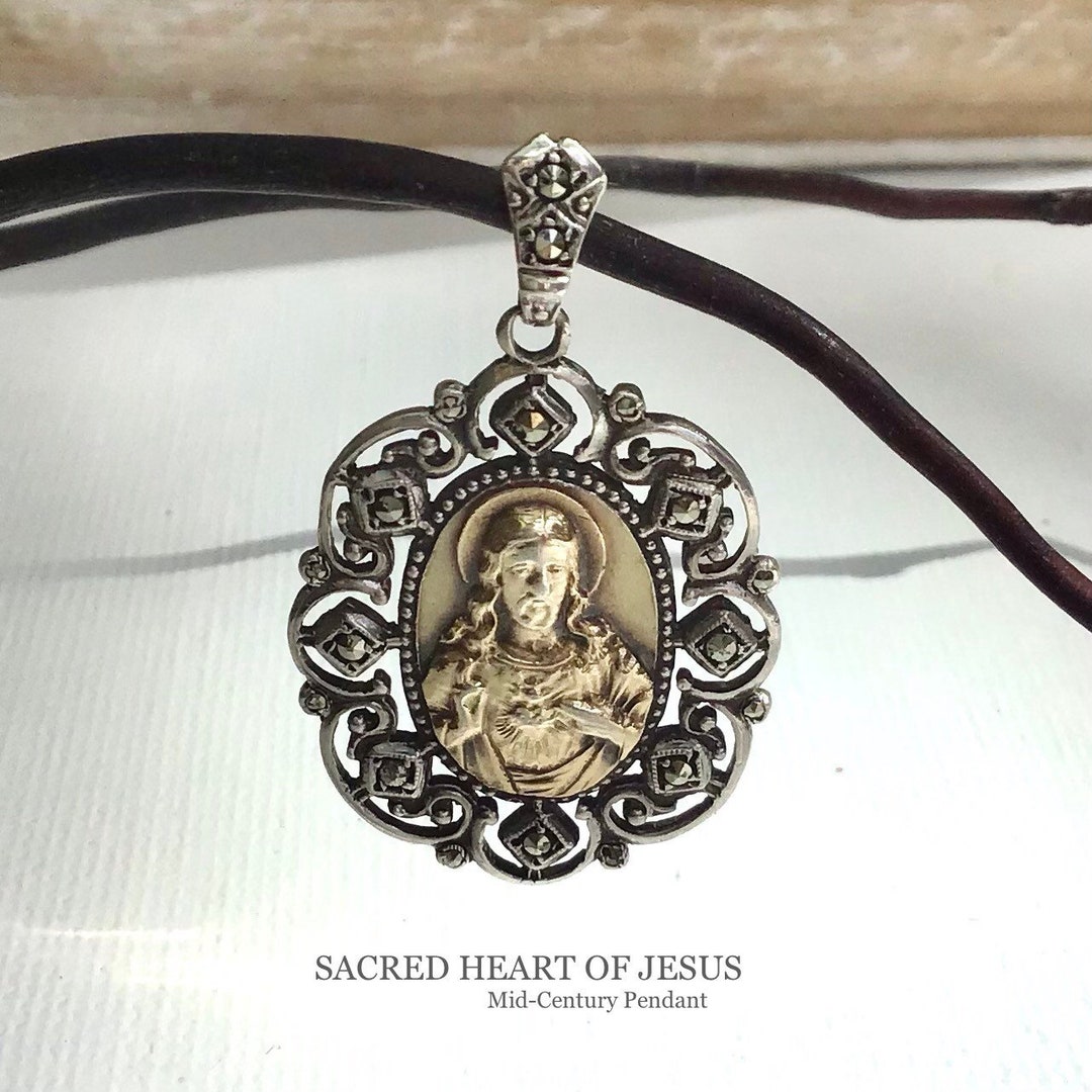 Mid-century Pendant. Sacred Heart of Jesus. Sterling Silver and Gold ...