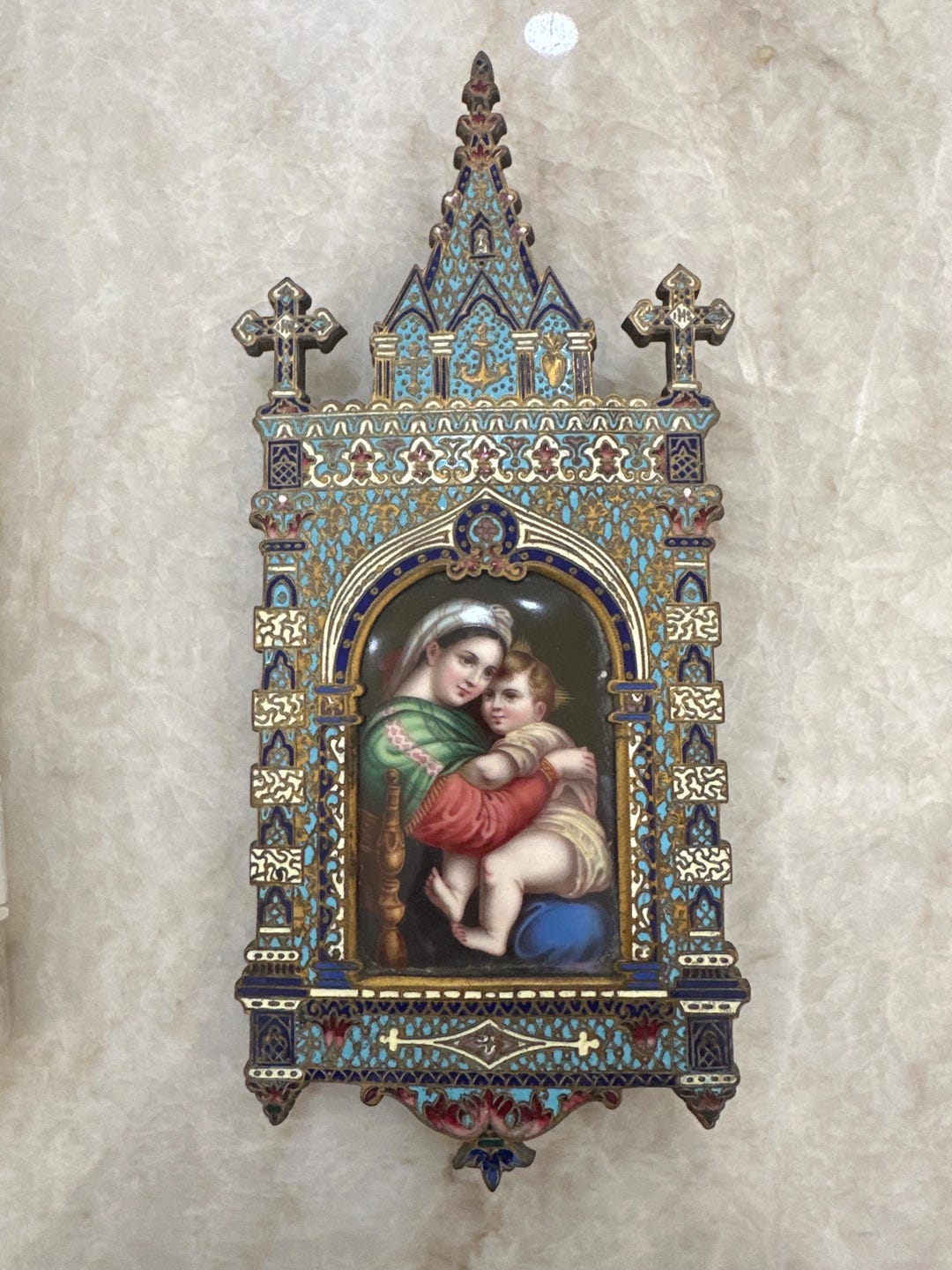 Antique French Enamel Plaque of Mary and Child. Brass Enameled Frame ...