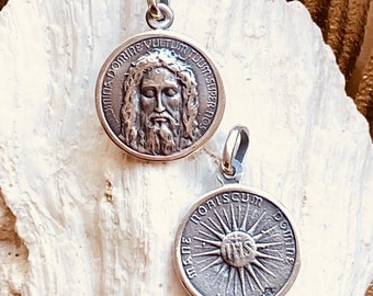 The Holy Face of Jesus. Shroud of Turin Image. Double Sided Charm. Sterling Silver.