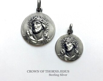 Crown of Thorns Jesus Medal. Sterling Silver.