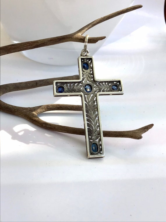 Fine Sapphires and Sterling Silver Cross. Vintage… - image 4