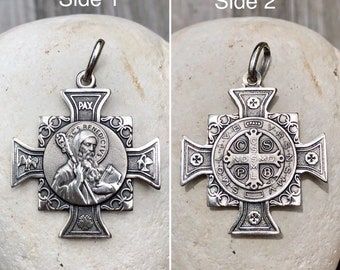 Saint Benedict Two Sides Cross. Silver.