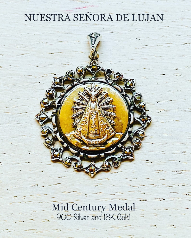 Our Lady of Lujan Mid Century Pendant 18k Gold and 900 Silver.