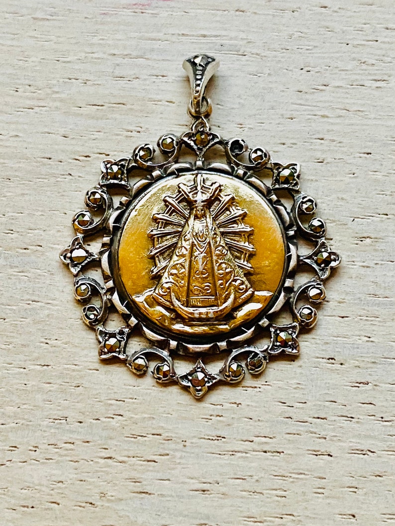 Our Lady of Lujan Mid Century Pendant 18k Gold and 900 Silver.