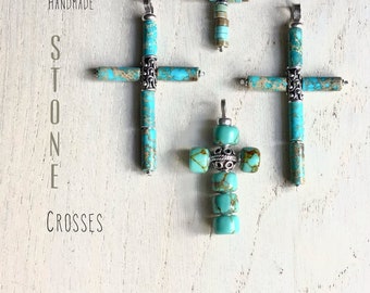 Stone Cross Pendant. Handmade. Turquoise Magnesite and Sterling Silver