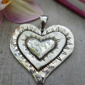 Large Hammered Heart Pendant. Sterling Silver. Triple Heart.