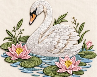 Puede incluir: Un diseño de bordado que muestra un cisne blanco con pico negro y naranja, rodeado de nenúfares verdes, flores de loto rosas con centros amarillos y ondas de agua azules, todo bordado sobre una tela de color crema claro.