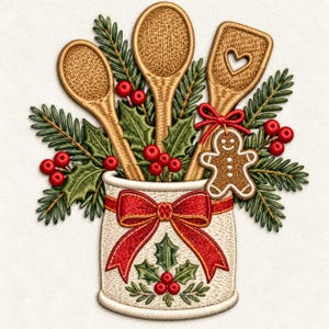 May include: An embroidered design featuring a white ceramic-style jar decorated with a red bow and holly leaves. Inside the jar are two wooden spoons, a wooden spatula with a heart cutout, a gingerbread man cookie, pine branches, and red berries.