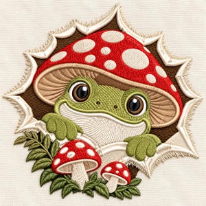 Puede incluir: Un parche bordado que muestra una rana verde de ojos grandes asomándose bajo un sombrero de hongo rojo con puntos blancos. El diseño está enmarcado por un borde dentado en forma de estrella e incluye dos hongos más pequeños y hojas verdes.
