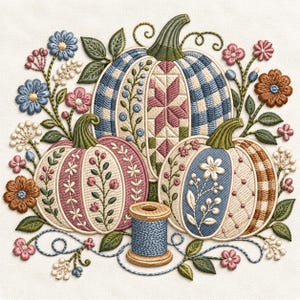 Pumpkin Sewing Embroidery Design, Vintage Floral Patchwork, Cottagecore Autumn, Quilting, Boho Craft (Digital File)