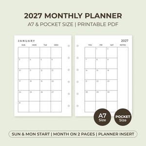 May include: A 2027 monthly planner printable PDF insert in A7 and pocket size. The layout features a two-page January calendar spread with Sunday through Wednesday on the left and Thursday through Saturday plus notes on the right.