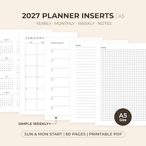 A5 Planner Inserts 2027 Printable Planner Bundle Dated Year at a Glance Monthly and Weekly Pages Lined and Grid Notes Sunday Monday Start