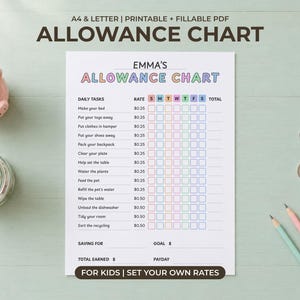 Peut inclure: Un tableau d'argent de poche imprimable intitulé Emma's Allowance Chart avec une liste de tâches quotidiennes, des tarifs correspondants en dollars et une grille pour suivre les progrès hebdomadaires, incluant des sections pour les objectifs.