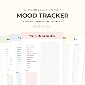 May include: A printable yearly mood tracker set featuring six pages in five colors. The document includes text reading A4, A5, LETTER & HALF | PRINTABLE MOOD TRACKER, 6 PAGES | 5 COLORS | INSTANT DOWNLOAD, and Yearly Mood Tracker with a grid of circles for daily logging.