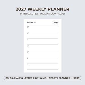Veckoplanerare 2027 Utskrivbara daterade veckoblad på en sida med helger i full storlek A5-planerare A4 Letter Halv Söndag Måndag Start